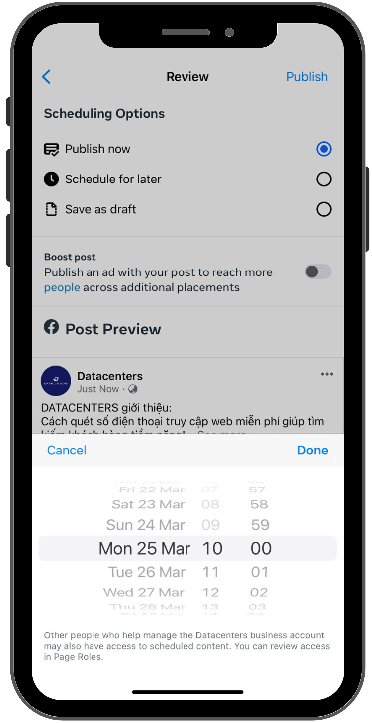 Cài đặt thời gian cho bài đăng điện thoại