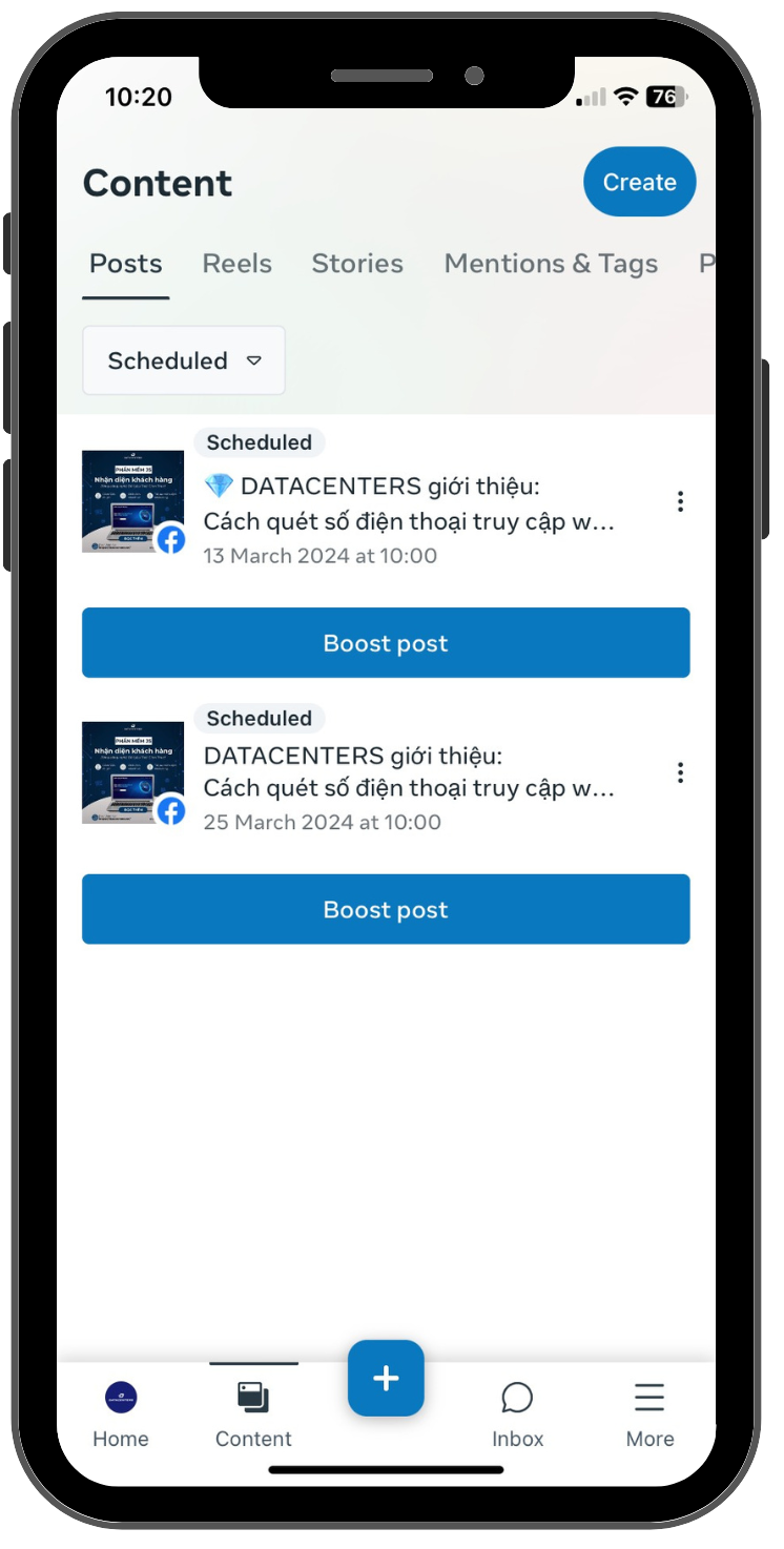 Kết quả sau khi cài đặt lịch đăng bài trên điện thoại