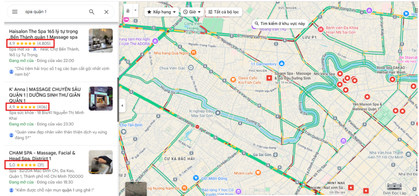 Kết quả tối ưu Local SEO cho các địa điểm Spa tại Quận 1 trên Google Maps với đánh giá 5 sao và được on top Google Maps. 