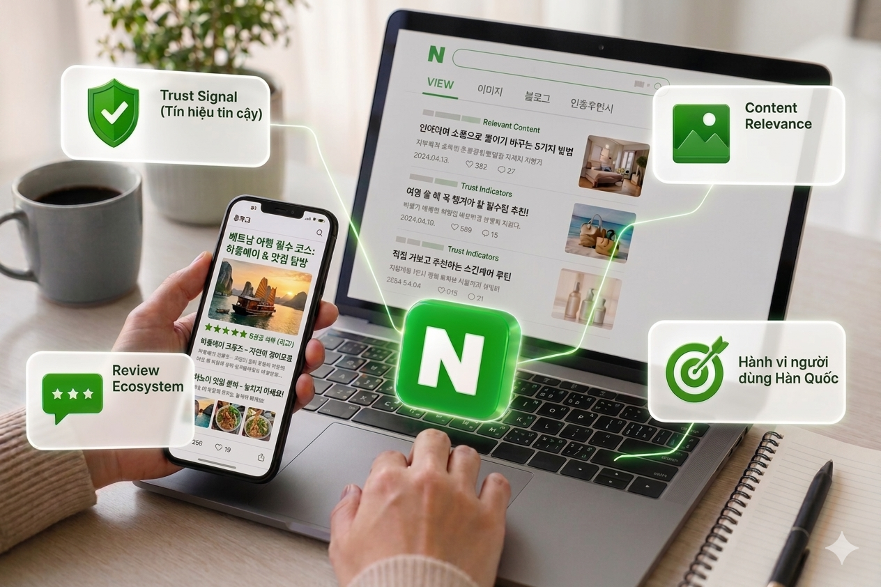 Khám phá cách Naver đánh giá content, social proof và trust signal.